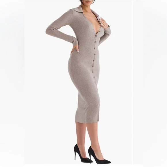 House of CB Yvette long sleeves button up sweater midi dress beige - Picture 4 of 17